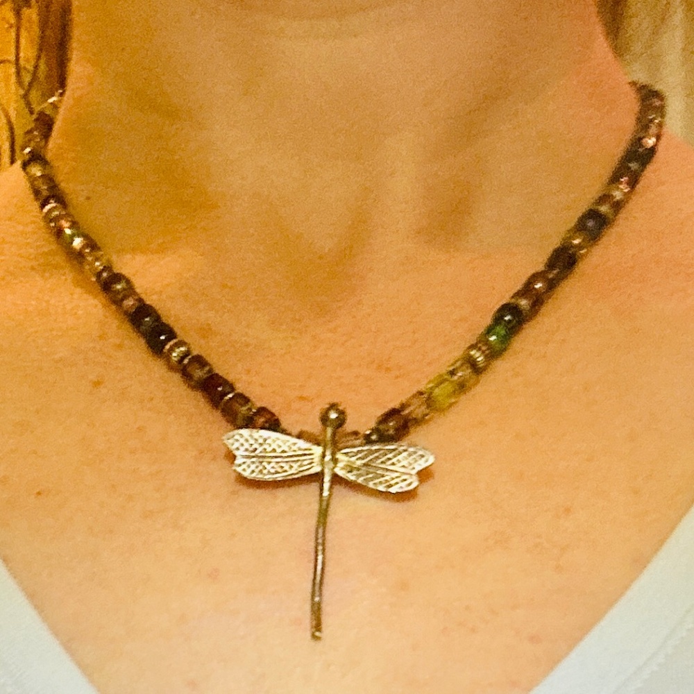 Handmade Sterling and glass bead necklace with sterling silver dragonfly.